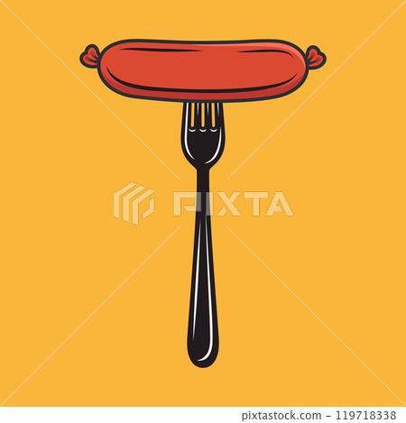 Flat Vector Cartoon Sausage on Fork. Sausage Illustration for BBQ, Food Design. Sausage Clipart for Menu and Culinary Concept. Front View Flat Vector Cartoon Sausage on Fork. Sausage Illustration for BBQ, Food Design. Sausage Clipart for Menu and Culinary Concept. Front View 119718338
