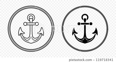 Anchor Icon Set. Flat Monochrome Anchor Shapes in Circular Rope Frame. Nautical Anchor Symbols, Marine Rope Border Design. Vector Illustration 119718341
