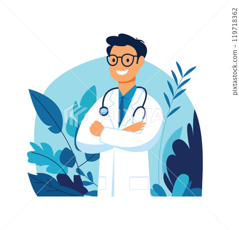 Male Doctor Character Crossing Hands While Smiling with Leaves Floral Plants 119718362