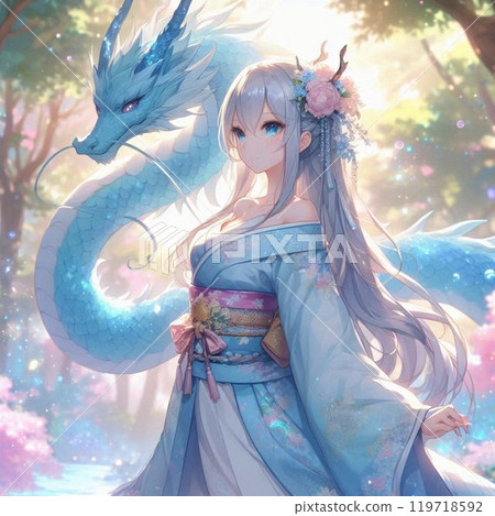 Blue dragon and a girl in a kimono Blue dragon and a girl in a kimono 119718592