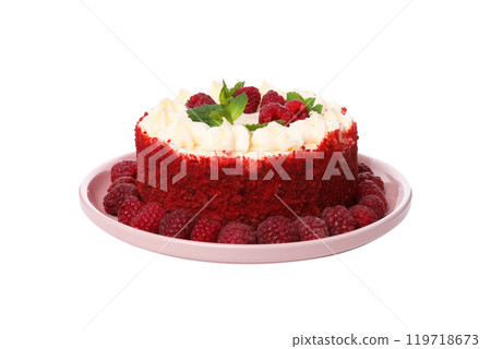 PNG, Whole red velvet cake on plate, isolated on white background 119718673