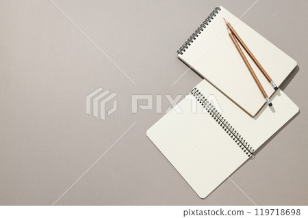 Open notebooks with a pencil on a light background 119718698