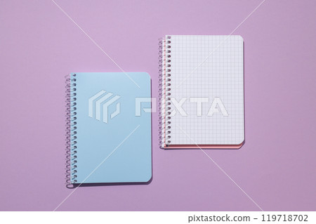 Two notebooks lie on a purple background 119718702