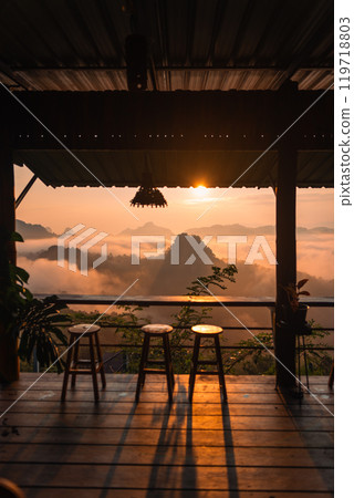 Morning view of fog and mountains from the balcony 119718803