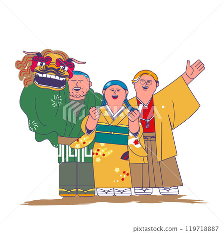 People in traditional Japanese clothing and lion dancing People in traditional Japanese clothing and lion dancing 119718887
