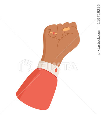 Man fist power sign, right activist hold revolution fist, character raise solidarity arm, human show up protest gesture, man holds support sign, person holding strength symbol, 119719236