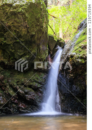 美麗的小瀑布從青苔覆蓋的岩石和新鮮綠色的懸崖上落下東京秋留野市、日出山山道等。 119719394