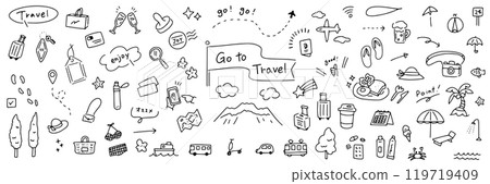 Hand drawn travel illustrations. A set of fun and cute illustrations. Summer vacation, beach, shopping, food and transport. 119719409