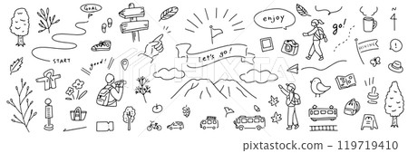 手繪健行插畫。一組有趣又可愛的插圖。在山裡度過一個輕鬆的週末。自然觀察 手繪健行插畫。一組有趣又可愛的插圖。在山裡度過一個輕鬆的週末。自然觀察 119719410