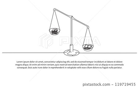 Simple continuous line design of money scales. The value of the dollar is getting stronger compared to other currencies. Decorative elements drawn on a white background. 119719455
