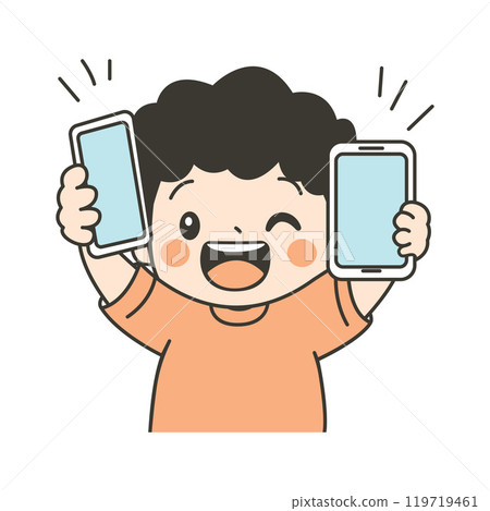 Cute Curly Haired Kid Boy Character Holding Gadget Handphone with Happy Expression Cute Curly Haired Kid Boy Character Holding Gadget Handphone with Happy Expression 119719461