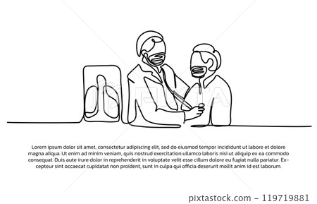 Continuous line design of a treatment for patient. Single line decorative elements drawn on a white background. Continuous line design of a treatment for patient. Single line decorative elements drawn on a white background. 119719881