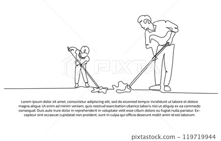 Continuous line design of son and father together cleaning the floor. Single line decorative elements drawn on a white background.Art &amp; Illustration 119719944