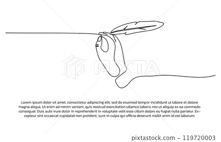 Continuous line design of hand writing with a quill pen. Single line decorative element drawn on white background. Continuous line design of hand writing with a quill pen. Single line decorative element drawn on white background. 119720003
