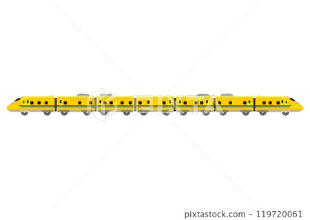 Vector illustration of a toy-style 923-type Doctor Yellow train with seven cars connected together 119720061