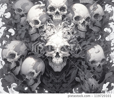 Skulls with a lot of skulls. 3D illustration. Skulls with a lot of skulls. 3D illustration. 119720101