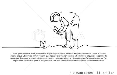Continuous line design of a child is planting plants. Single line decorative elements drawn on a white background. Continuous line design of a child is planting plants. Single line decorative elements drawn on a white background. 119720142