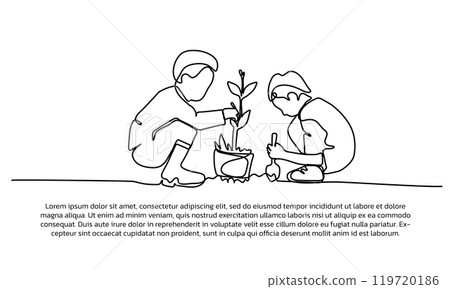 Continuous line design of child is planting plants. Single line decorative elements drawn on a white background. 119720186