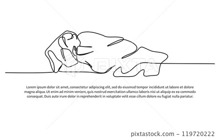 Continuous line design of a young man sleeps in a blanket in winter. Single line decorative element drawn on white background. 119720222