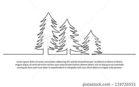 Continuous line design of snow covered trees. Single line decorative element drawn on white background. Continuous line design of snow covered trees. Single line decorative element drawn on white background. 119720355