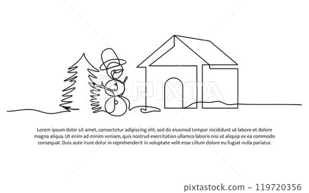 Continuous line design of a house with trees and a snowman. Single line decorative element drawn on white background. 119720356