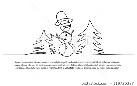 Continuous line design of creations from snow. Single line decorative element drawn on white background. Continuous line design of creations from snow. Single line decorative element drawn on white background. 119720357
