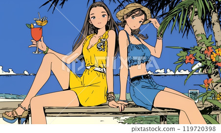 Young woman drinking cocktails with female friends on a beachside bench Young woman drinking cocktails with female friends on a beachside bench 119720398