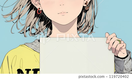 A young woman holding up a blank message board 119720402
