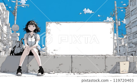 A young woman holding up a blank message board 119720403