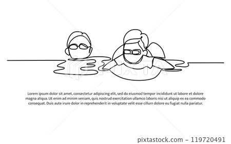 Continuous line design of boys swimming together. Single line decorative elements drawn on a white background. Continuous line design of boys swimming together. Single line decorative elements drawn on a white background. 119720491