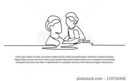 Continuous line design of father teaches boy to swim. Single line decorative elements drawn on a white background. Continuous line design of father teaches boy to swim. Single line decorative elements drawn on a white background. 119720492