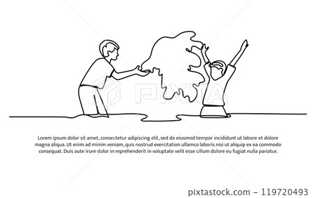 Continuous line design of two small children playing in the water. Single line decorative elements drawn on a white background. Continuous line design of two small children playing in the water. Single line decorative elements drawn on a white background. 119720493