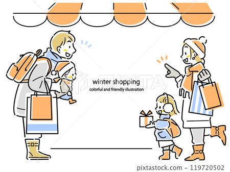 Frame of a young family enjoying winter shopping. Stylish and colorful line drawing illustration 119720502