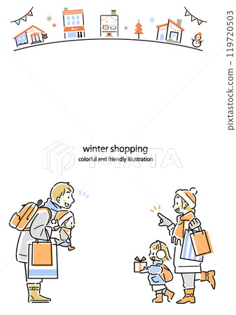 享受冬季購物的年輕家庭的框架 — 時尚多彩的線條畫插圖 享受冬季購物的年輕家庭的框架 — 時尚多彩的線條畫插圖 119720503