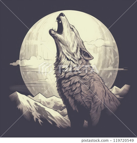 Wild night scene with a howling wolf. 119720549