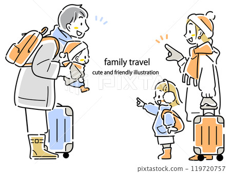 A young family going on a winter trip. Colorful and stylish line drawing illustration 119720757