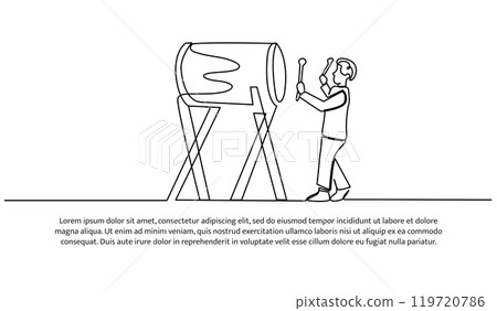 Vector illustration of Muslim boy beating a drum. Modern flat in continuous line style. Vector illustration of Muslim boy beating a drum. Modern flat in continuous line style. 119720786