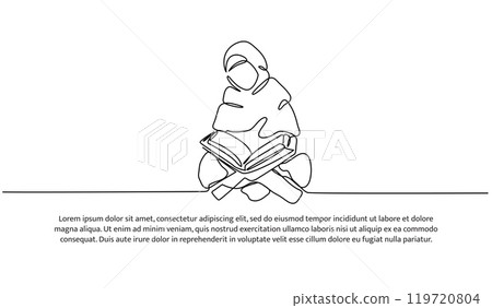 Vector illustration of a muslim woman reading the Al-Qur'an. Modern flat in continuous line style. 119720804