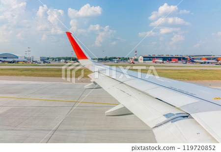 View from the airplane window during takeoff at Sheremetyevo airport at summer 119720852