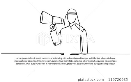 One continuous line of an Arab man holding a megaphone for Islamic celebration promotion model. 119720985