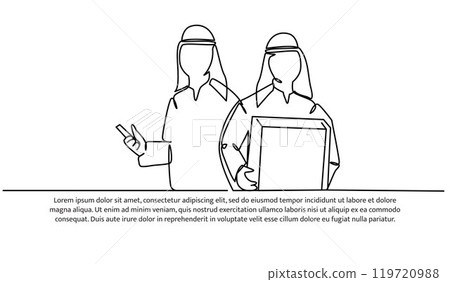 One continuous line of Arab man promoting online delivery business for banner, poster, and greeting card. One continuous line of Arab man promoting online delivery business for banner, poster, and greeting card. 119720988