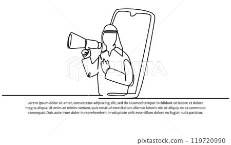 One continuous line of an Arab man holding a megaphone and showing a mobile phone screen. One continuous line of an Arab man holding a megaphone and showing a mobile phone screen. 119720990