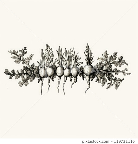 Radish. Hand drawn engraving illustration. Isolated on white. 119721116