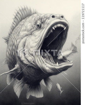 Graphic illustration of a big fish with a big mouth and teeth 119721117