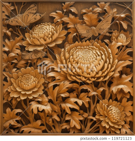 Wooden carving of chrysanthemum flowers on the wall 119721123