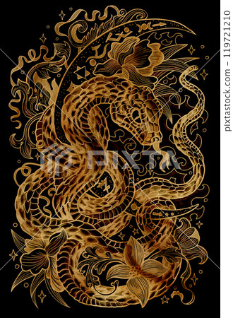 Graphic illustration with snake - symbol of the year according to chinese horoscope, and moon against black background. Esoteric, gothic and mystic artwork, epic concept for print, tattoo, cards Graphic illustration with snake - symbol of the year according to chinese horoscope, and moon against black background. Esoteric, gothic and mystic artwork, epic concept for print, tattoo, cards 119721210