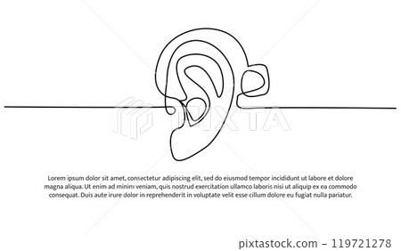 Continuous line design of ear using aids. Single line decorative elements drawn on a white background. 119721278