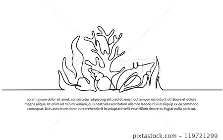 Continuous line design of the beauty of coral reefs and coral snails. Single line decorative elements drawn on a white background. 119721299