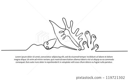 Continuous line design of the beauty of coral reefs and coral snails. Single line decorative elements drawn on a white background. Continuous line design of the beauty of coral reefs and coral snails. Single line decorative elements drawn on a white background. 119721302