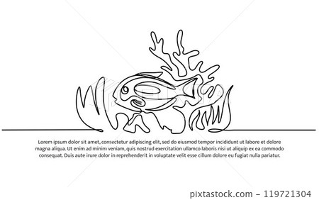 Continuous line design of fish habitat on coral reefs. Single line decorative elements drawn on a white background. 119721304
